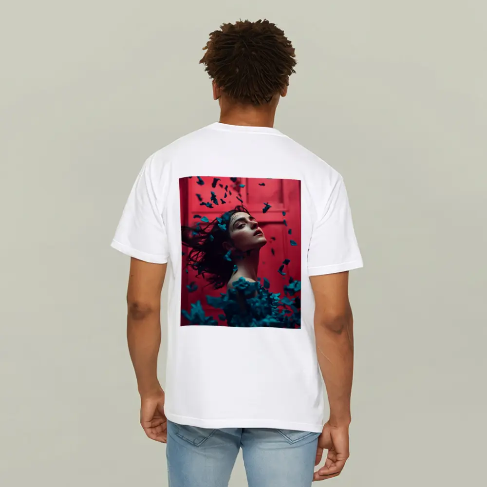 Woman Teal Petals Falling Red Background – T-Shirts