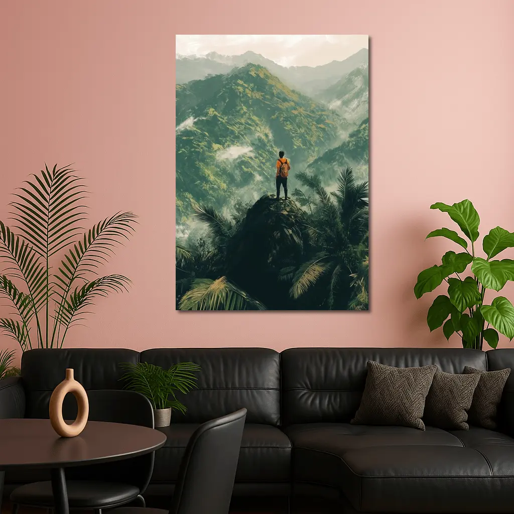 Hiker Standing On Rock Tropical Mountain View – Wall Art