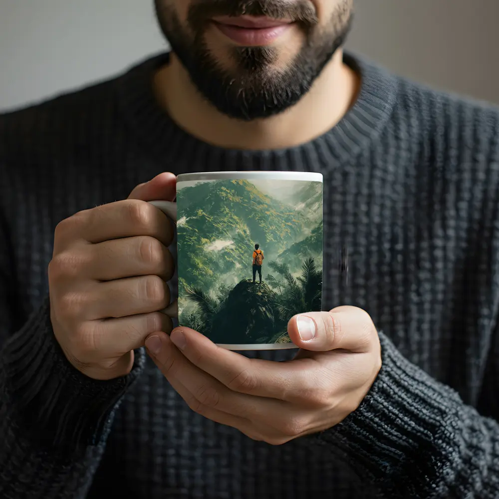 Hiker Standing On Rock Tropical Mountain View – Mugs