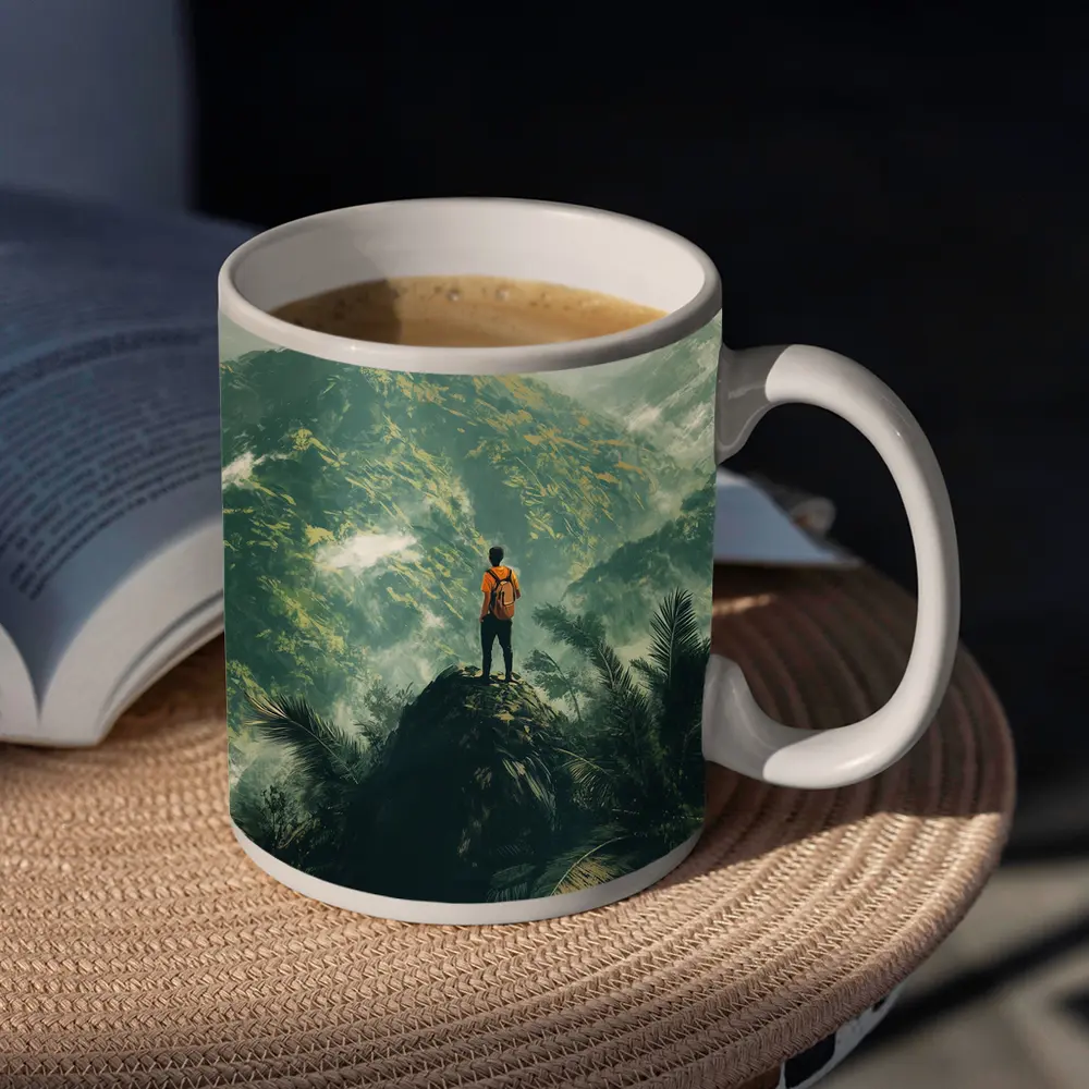 Hiker Standing On Rock Tropical Mountain View – Mugs