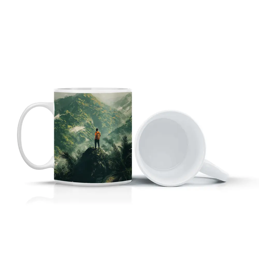 Hiker Standing On Rock Tropical Mountain View – Mugs