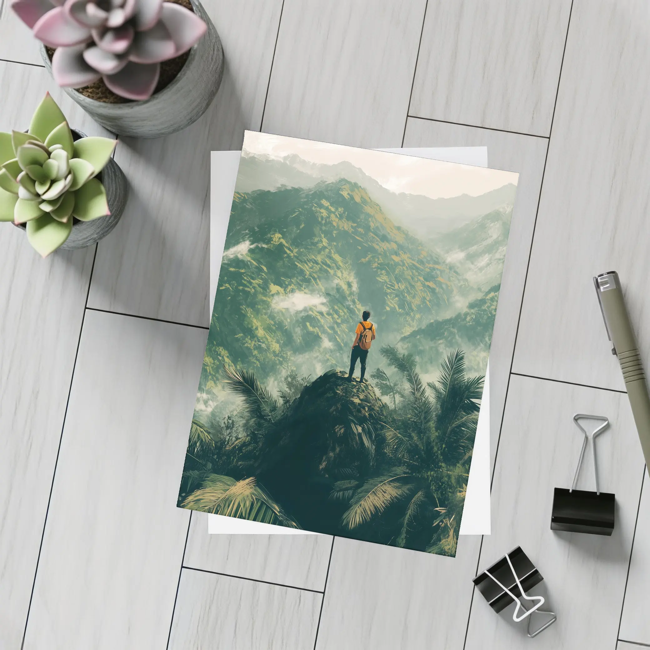 Hiker Standing On Rock Tropical Mountain View – Postcards