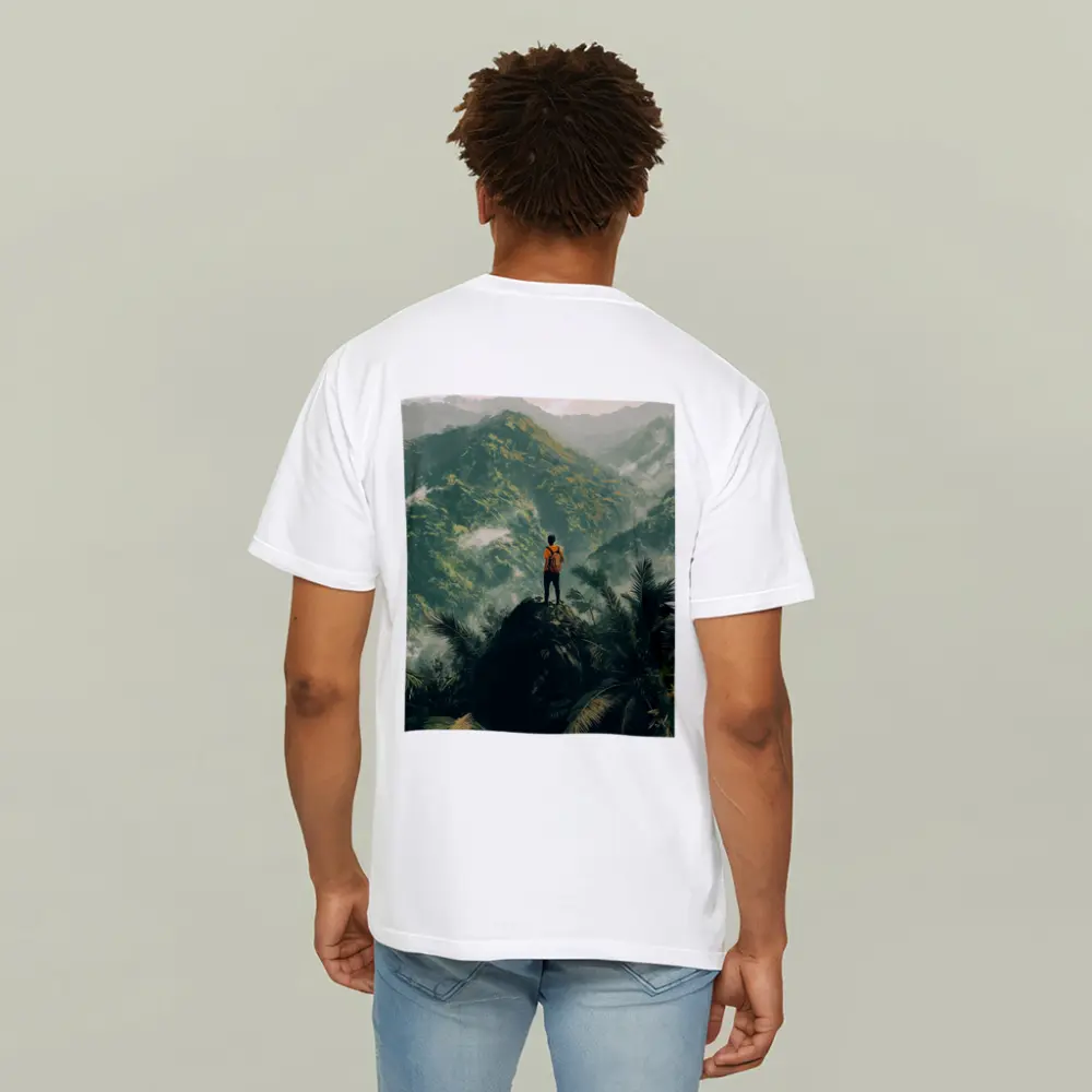 Hiker Standing On Rock Tropical Mountain View – T-Shirts