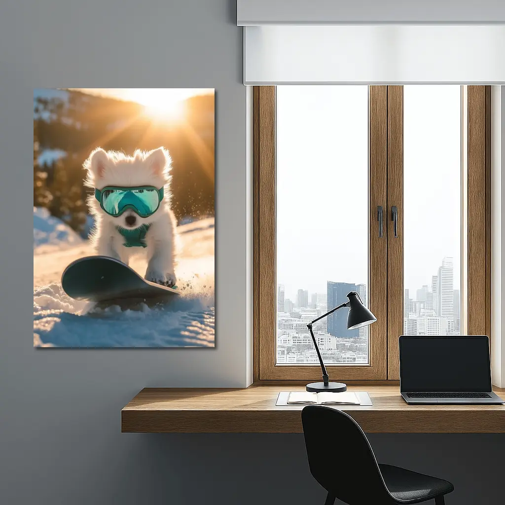 White Puppy Snowboarding Snowy Mountain Sunset – Wall Art