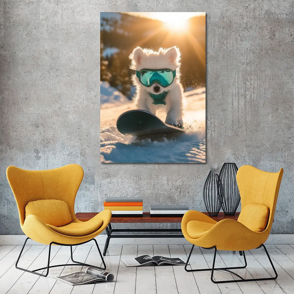 White Puppy Snowboarding Snowy Mountain Sunset – Wall Art
