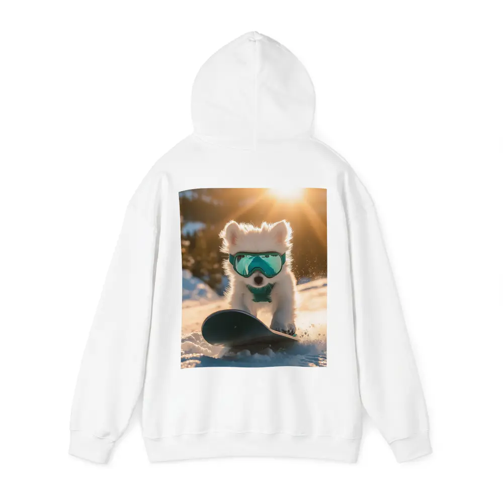 White Puppy Snowboarding Snowy Mountain Sunset – Hoodies