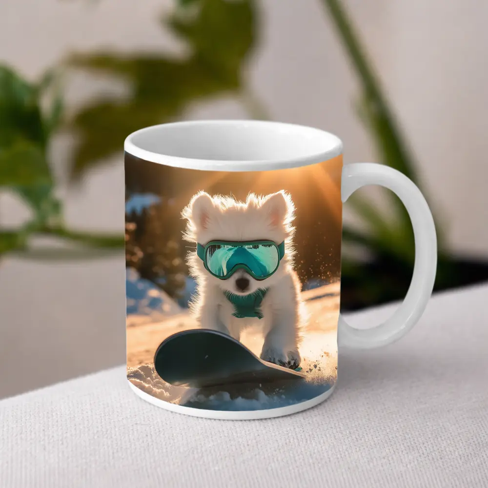 White Puppy Snowboarding Snowy Mountain Sunset – Mugs