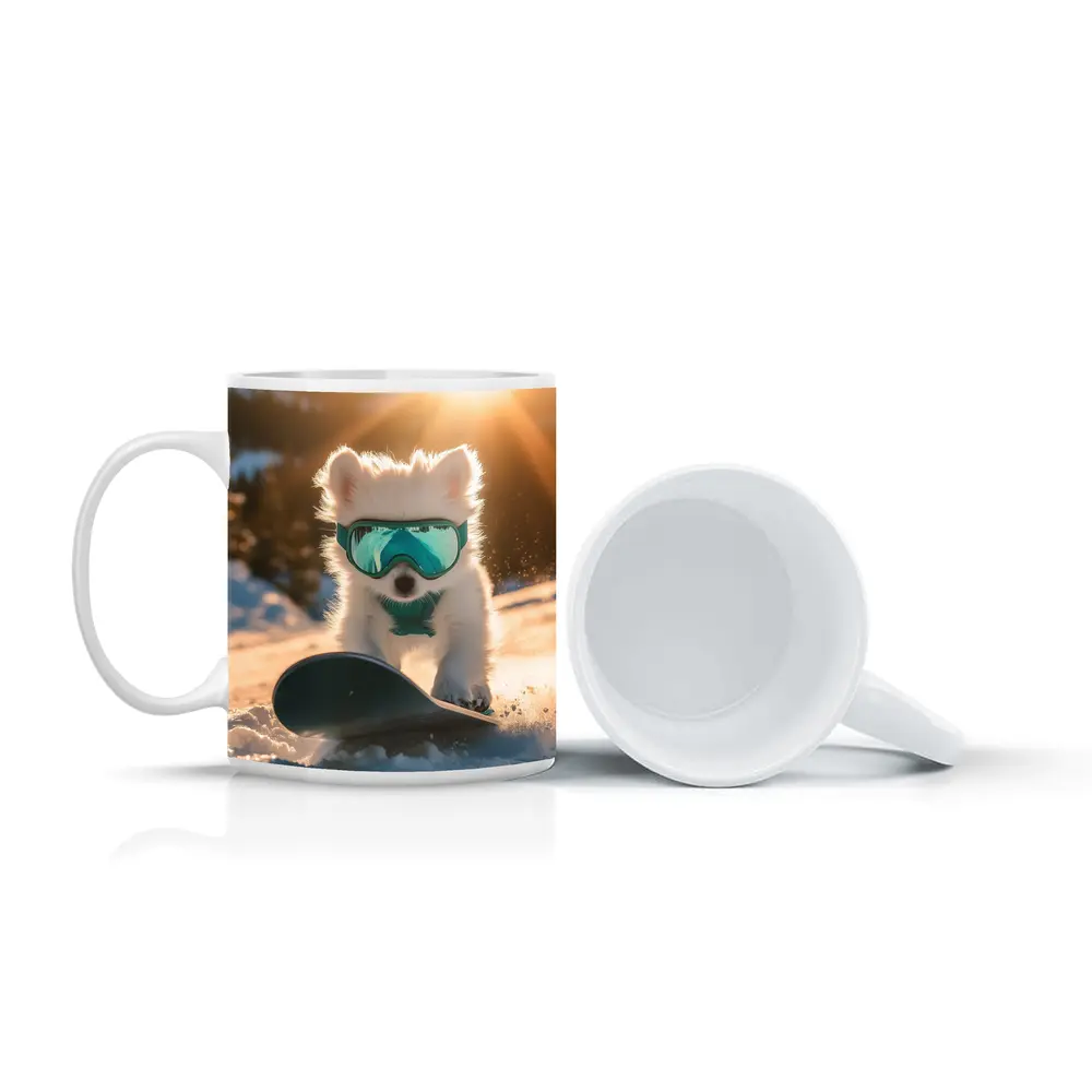 White Puppy Snowboarding Snowy Mountain Sunset – Mugs