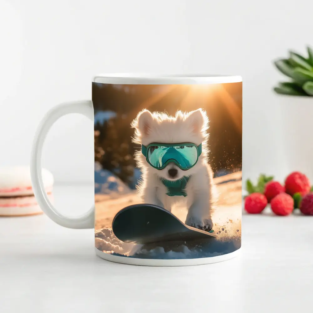 White Puppy Snowboarding Snowy Mountain Sunset – Mugs