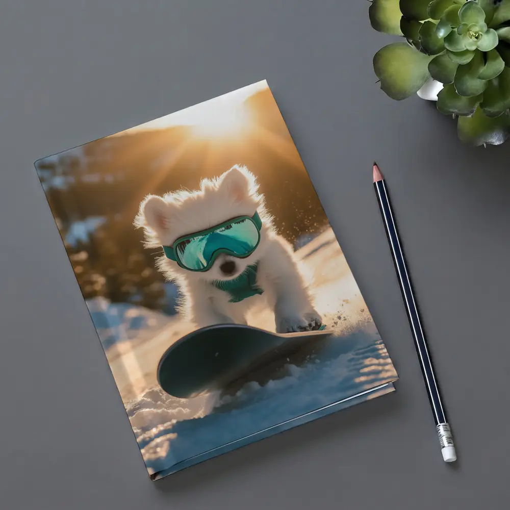 White Puppy Snowboarding Snowy Mountain Sunset – Notebooks
