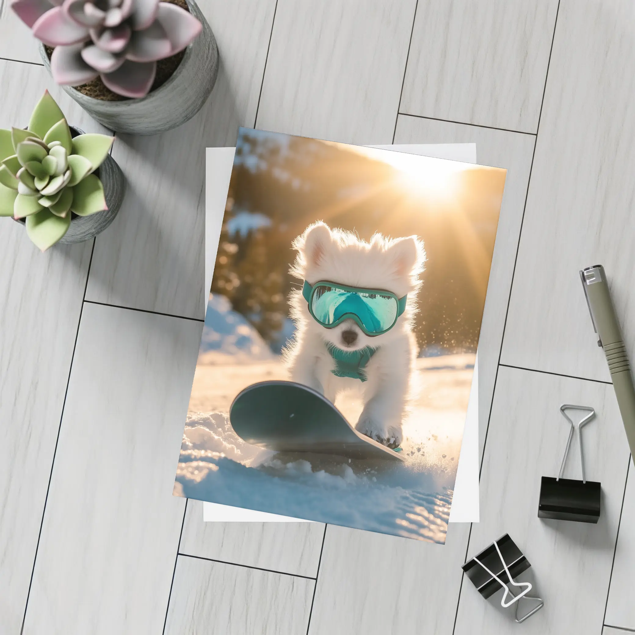 White Puppy Snowboarding Snowy Mountain Sunset – Postcards