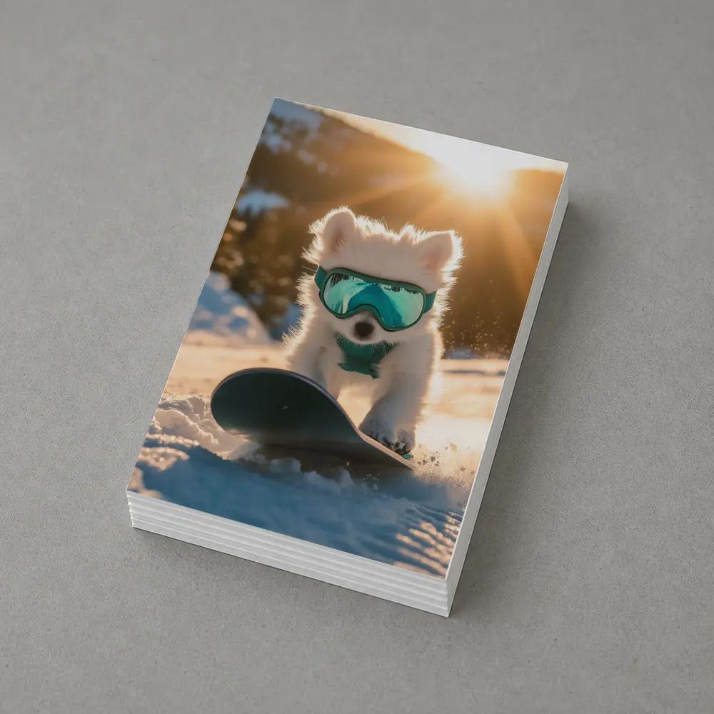 White Puppy Snowboarding Snowy Mountain Sunset – Postcards