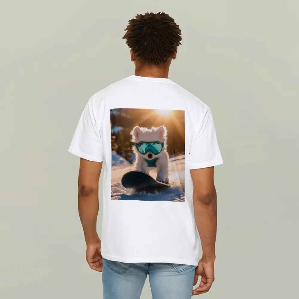 White Puppy Snowboarding Snowy Mountain Sunset – T-Shirts