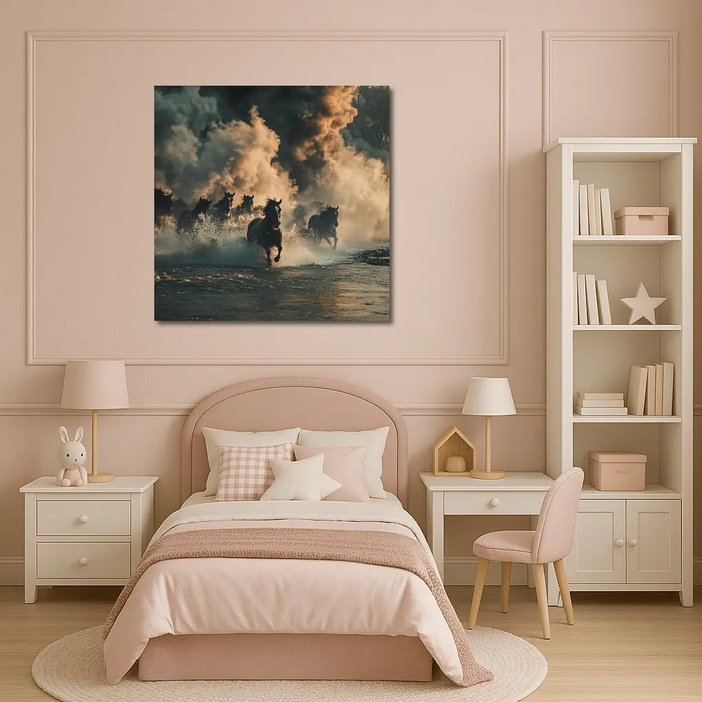 Wild Horses Running Through Misty River – Wall Art