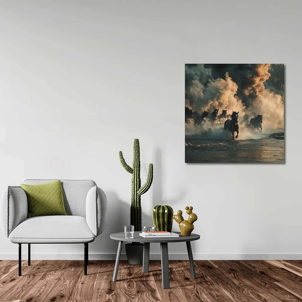 Wild Horses Running Through Misty River – Wall Art