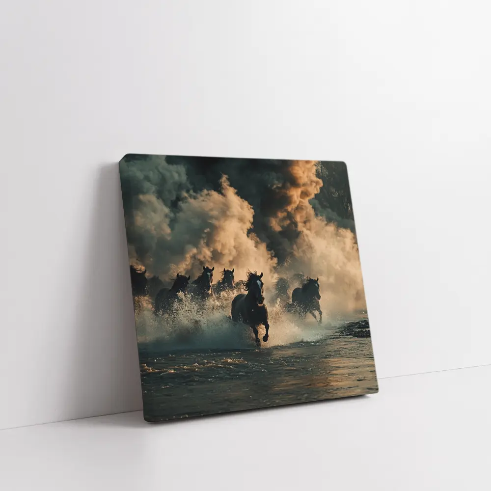 Wild Horses Running Through Misty River – Wall Art