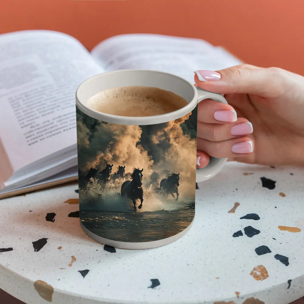 Wild Horses Running Through Misty River – Mugs