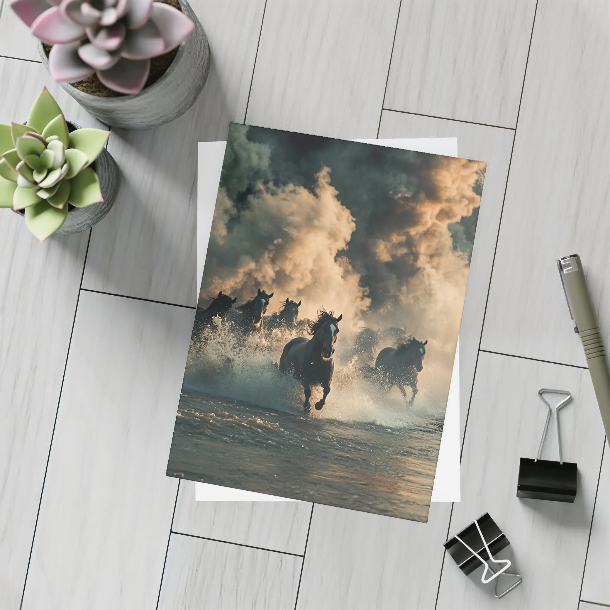 Wild Horses Running Through Misty River – Postcards