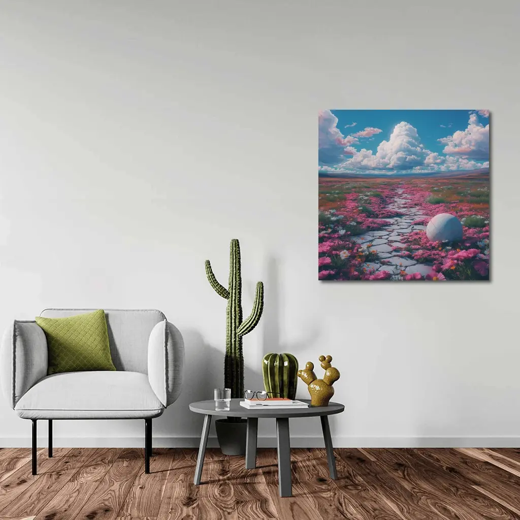 Pink Flower Field Stone Path Surreal – Wall Art