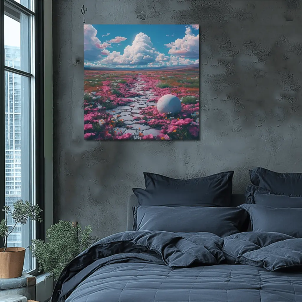 Pink Flower Field Stone Path Surreal – Wall Art