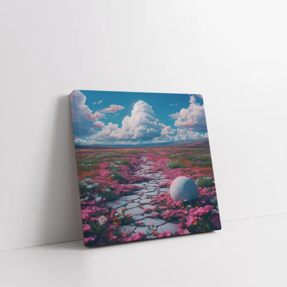 Pink Flower Field Stone Path Surreal – Wall Art