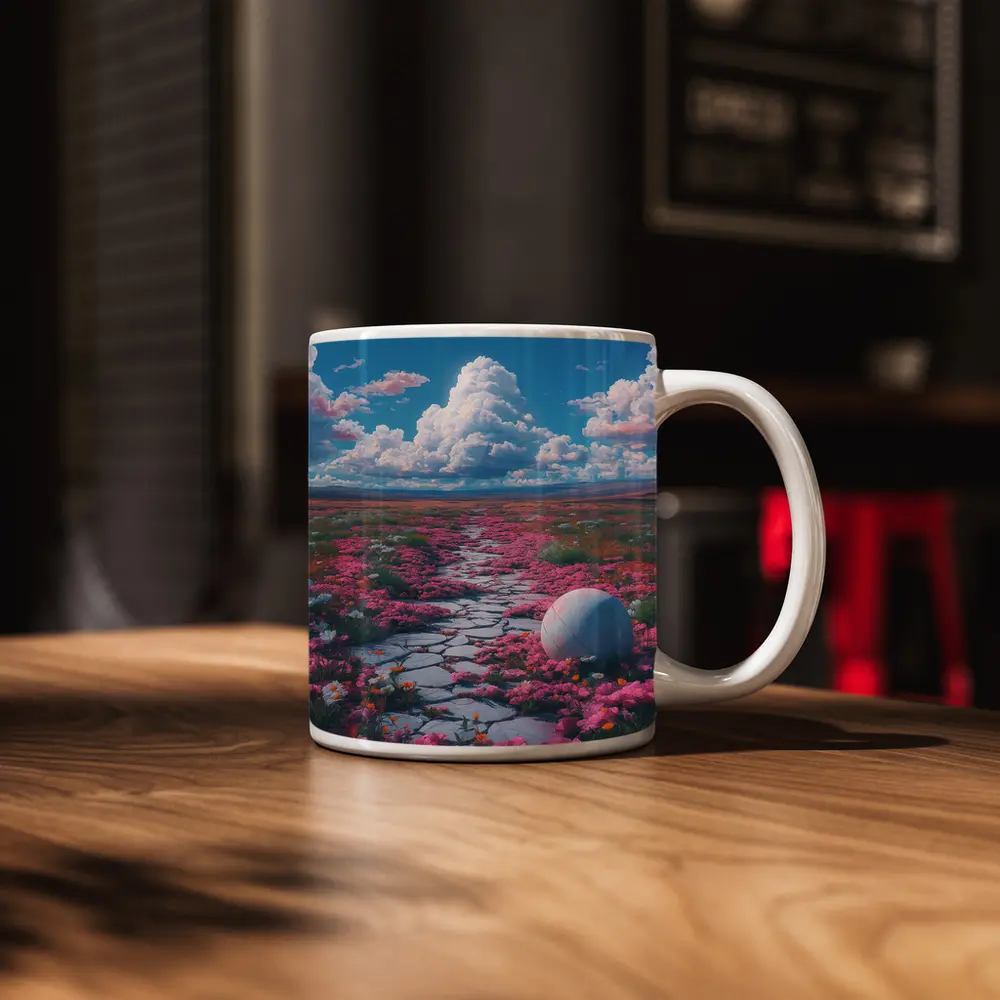 Pink Flower Field Stone Path Surreal – Mugs