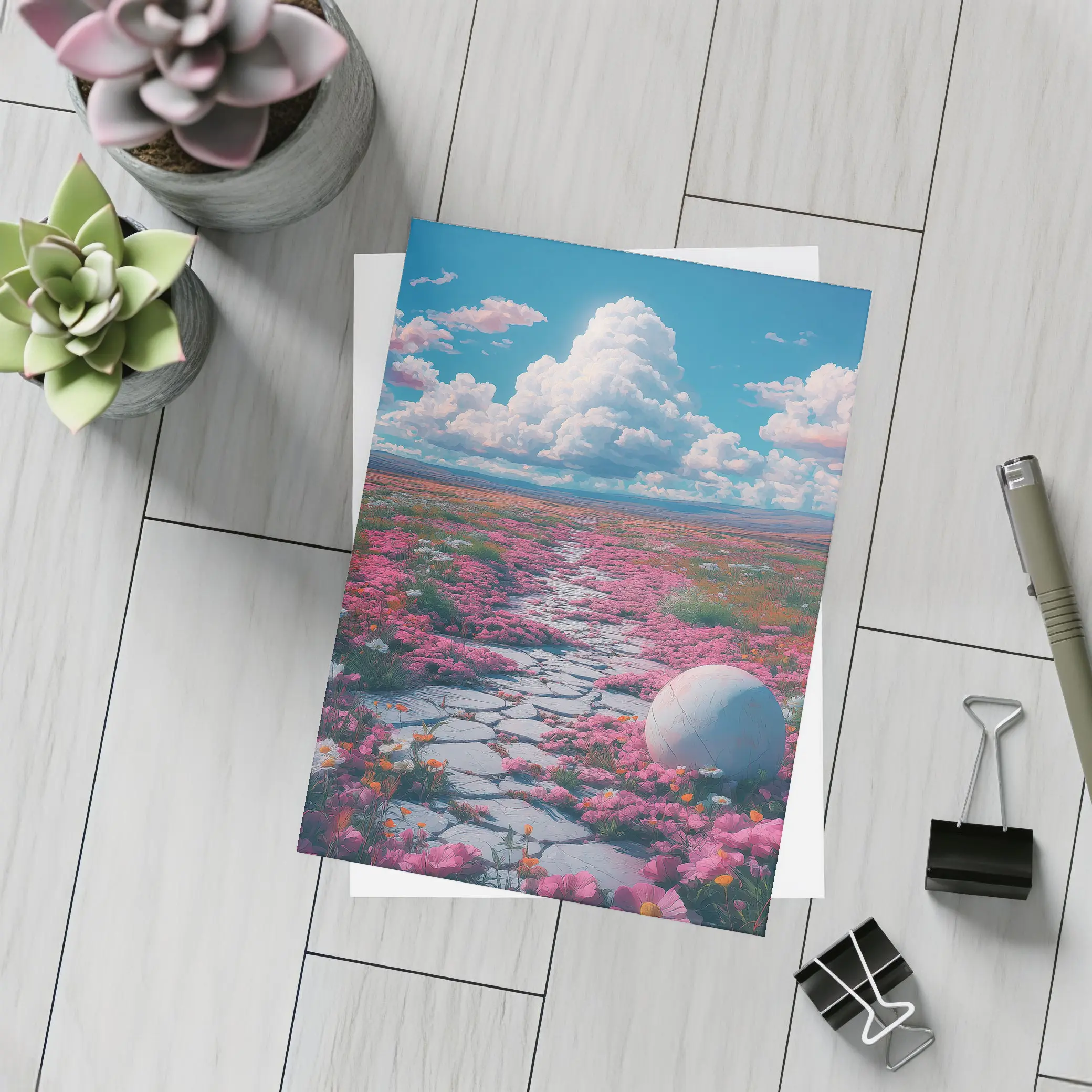 Pink Flower Field Stone Path Surreal – Postcards