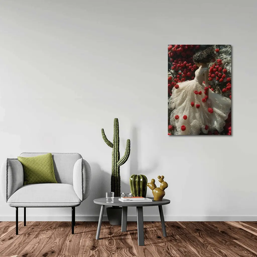 Woman White Lace Dress Red Raspberries Fantasy – Wall Art