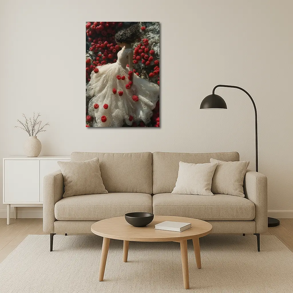 Woman White Lace Dress Red Raspberries Fantasy – Wall Art