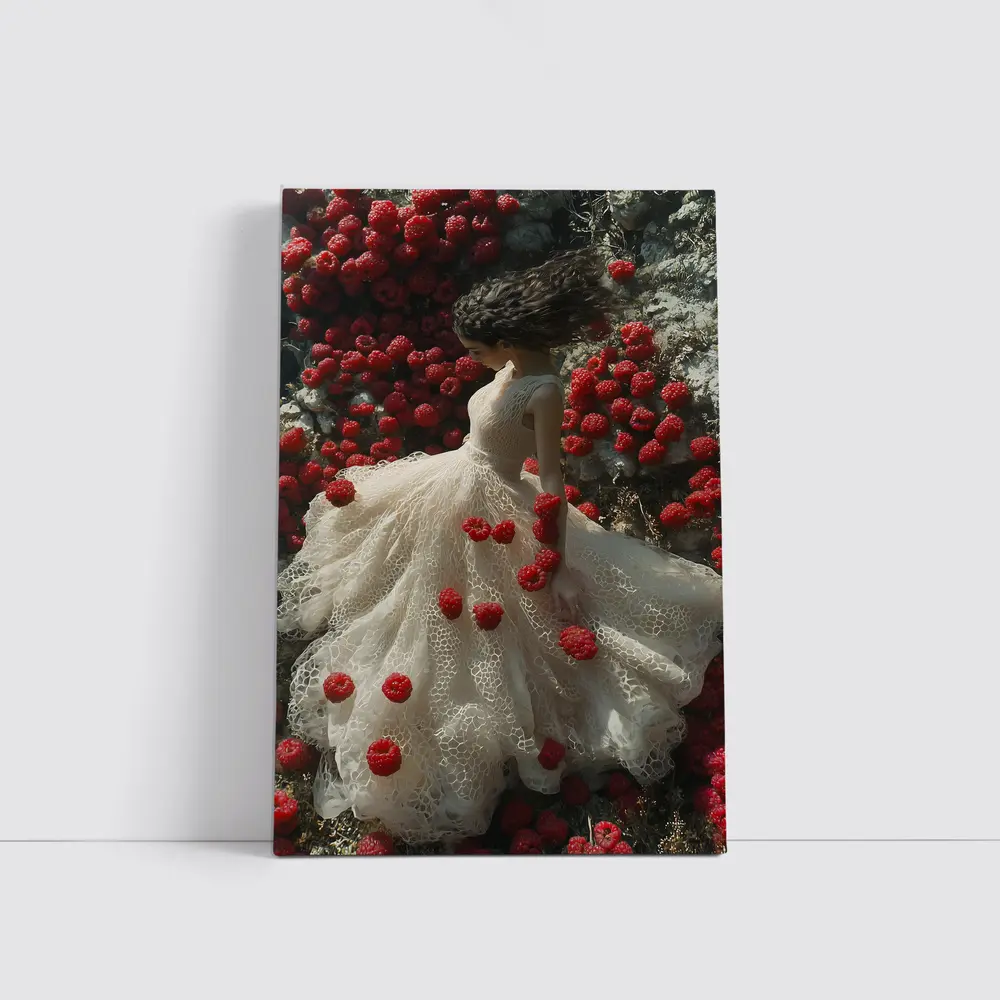 Woman White Lace Dress Red Raspberries Fantasy – Wall Art