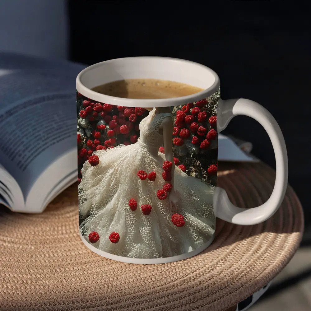 Woman White Lace Dress Red Raspberries Fantasy – Mugs