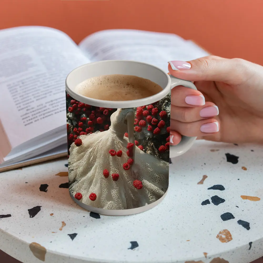 Woman White Lace Dress Red Raspberries Fantasy – Mugs