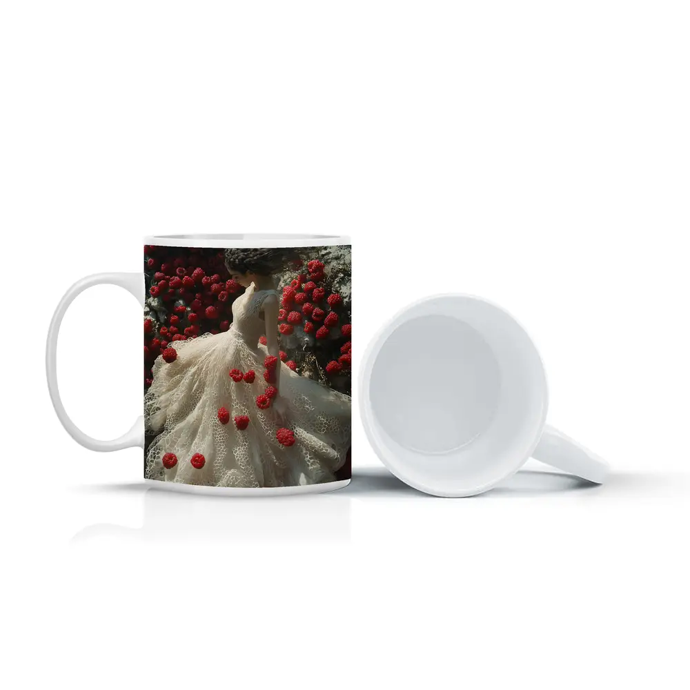 Woman White Lace Dress Red Raspberries Fantasy – Mugs