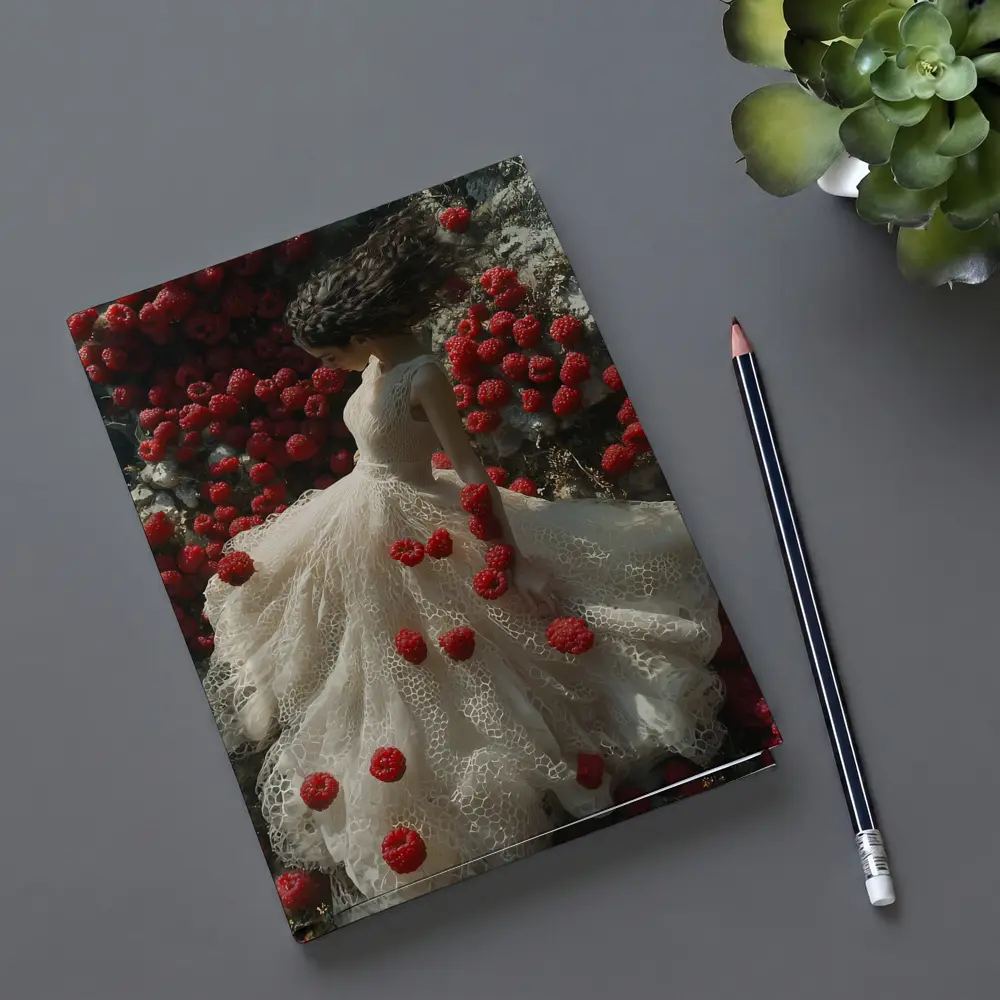 Woman White Lace Dress Red Raspberries Fantasy – Notebooks