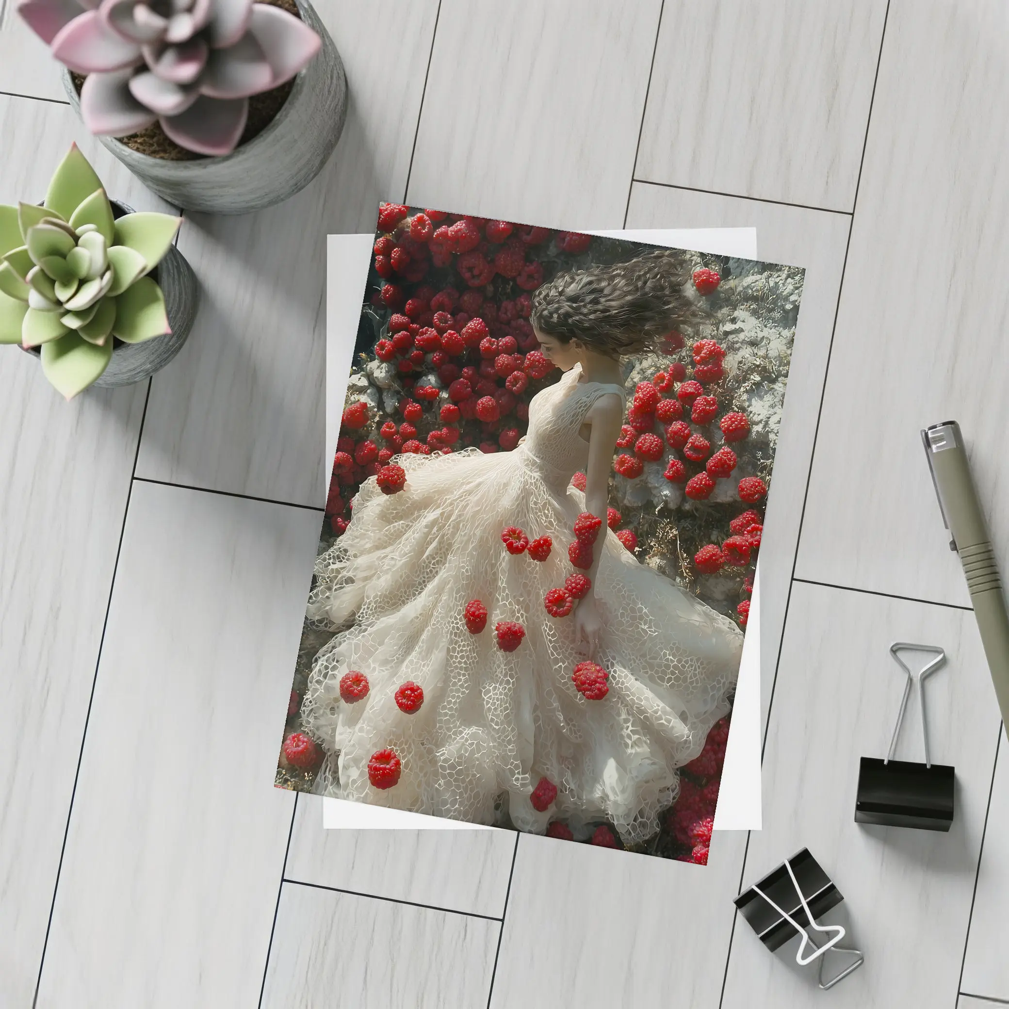 Woman White Lace Dress Red Raspberries Fantasy – Postcards