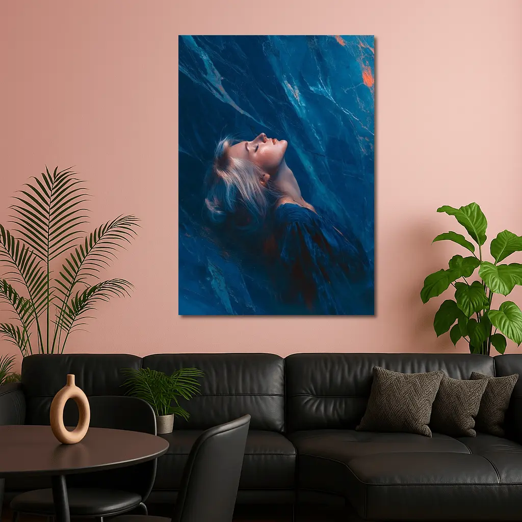 Woman Resting Against Blue Marble Background – Wall Art