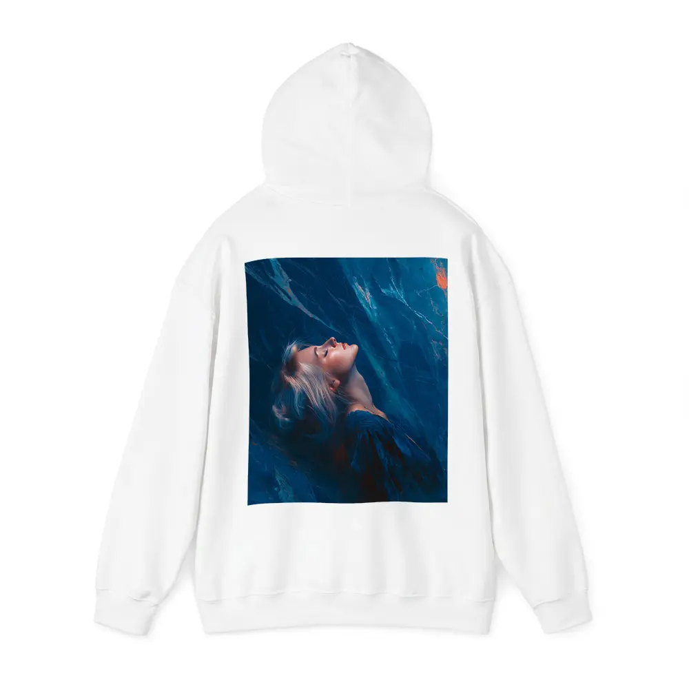 Woman Resting Against Blue Marble Background – Hoodies