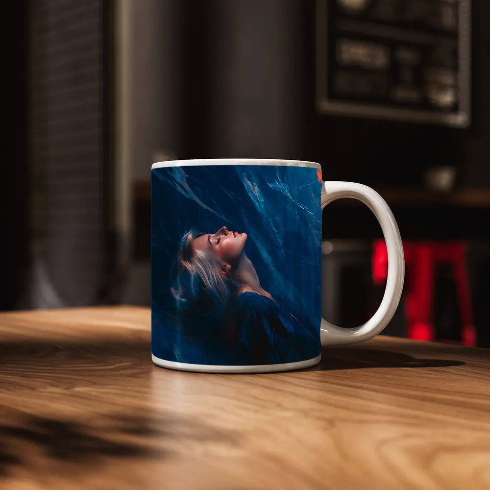 Woman Resting Against Blue Marble Background – Mugs