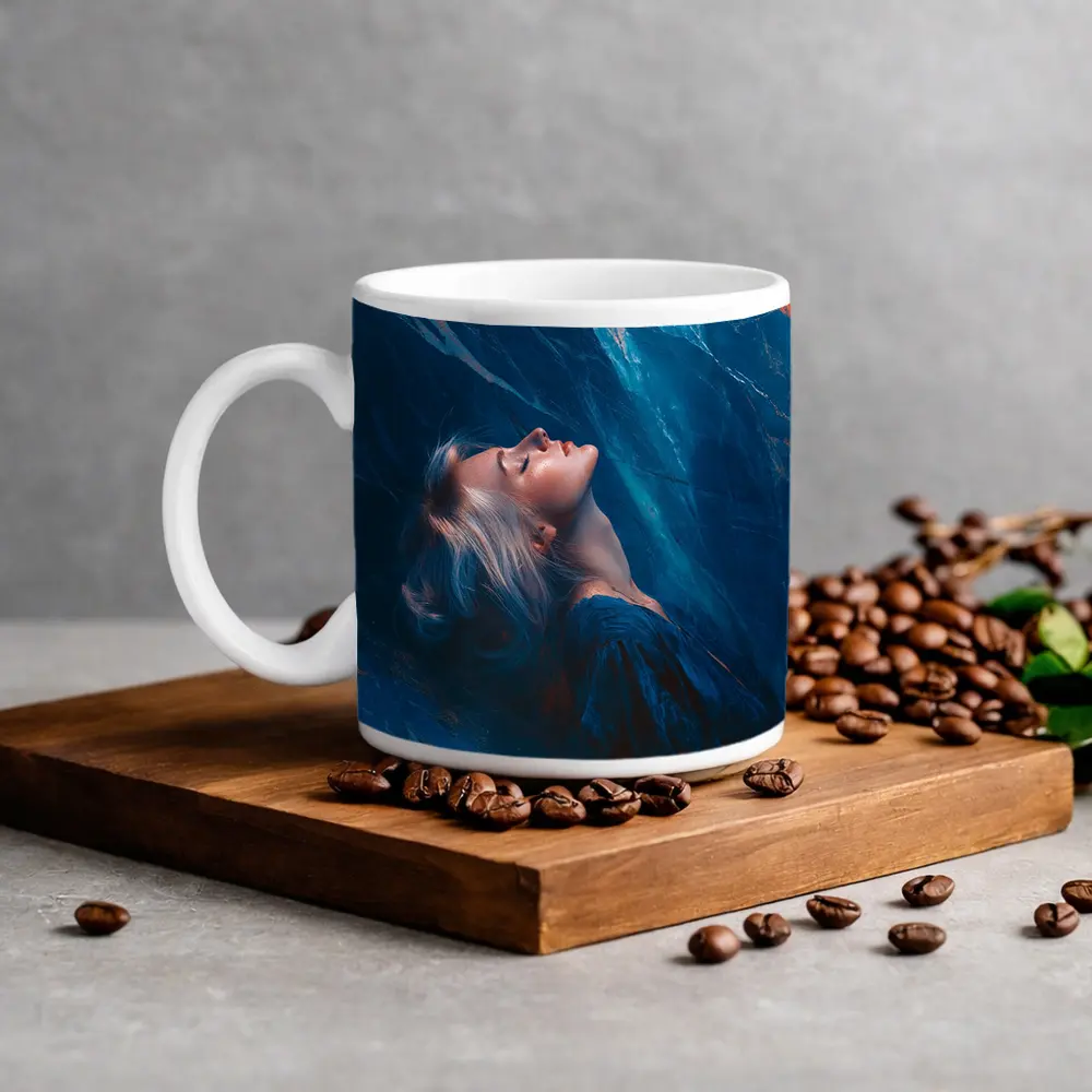 Woman Resting Against Blue Marble Background – Mugs