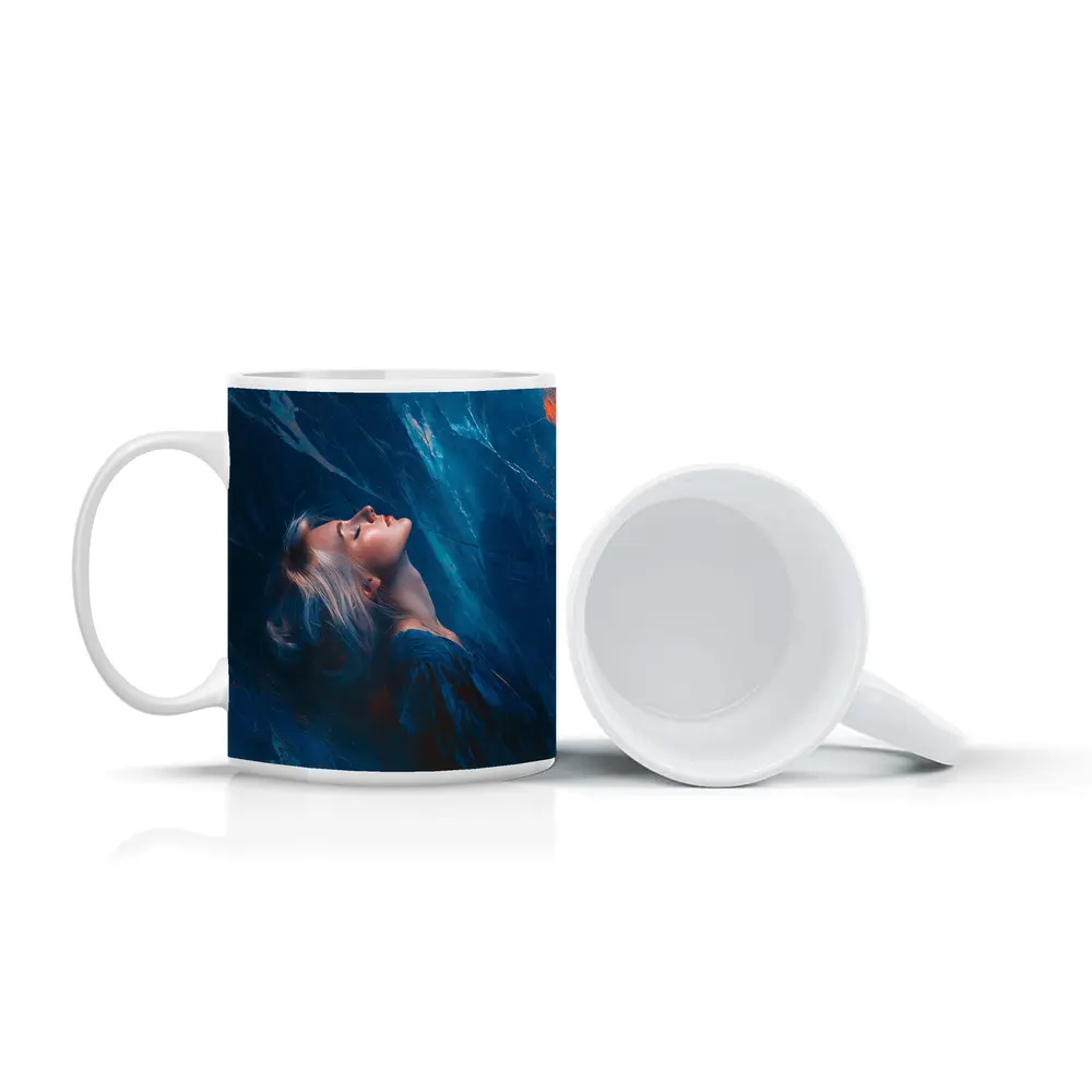 Woman Resting Against Blue Marble Background – Mugs