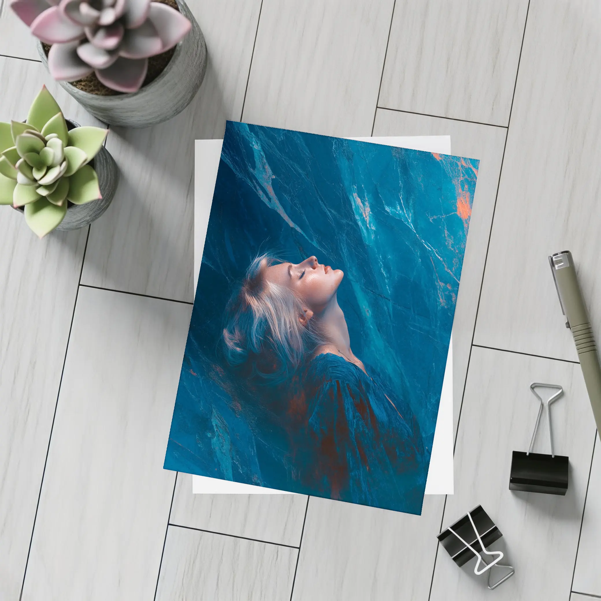 Woman Resting Against Blue Marble Background – Postcards