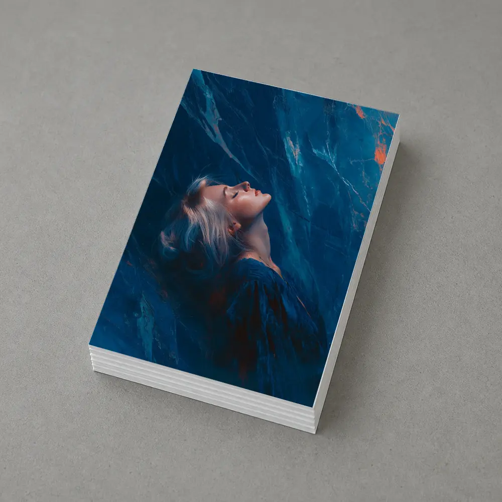Woman Resting Against Blue Marble Background – Postcards