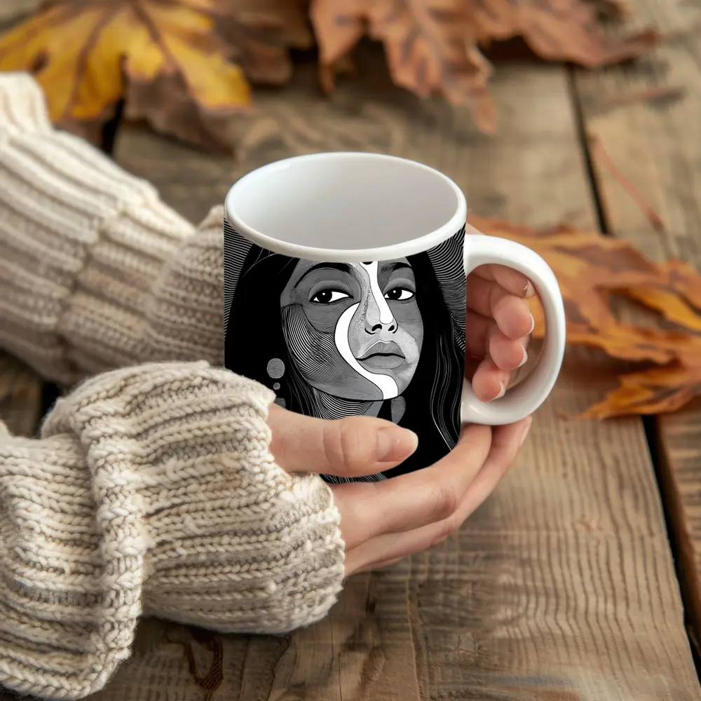 Black White Line Art Woman Portrait – Mugs