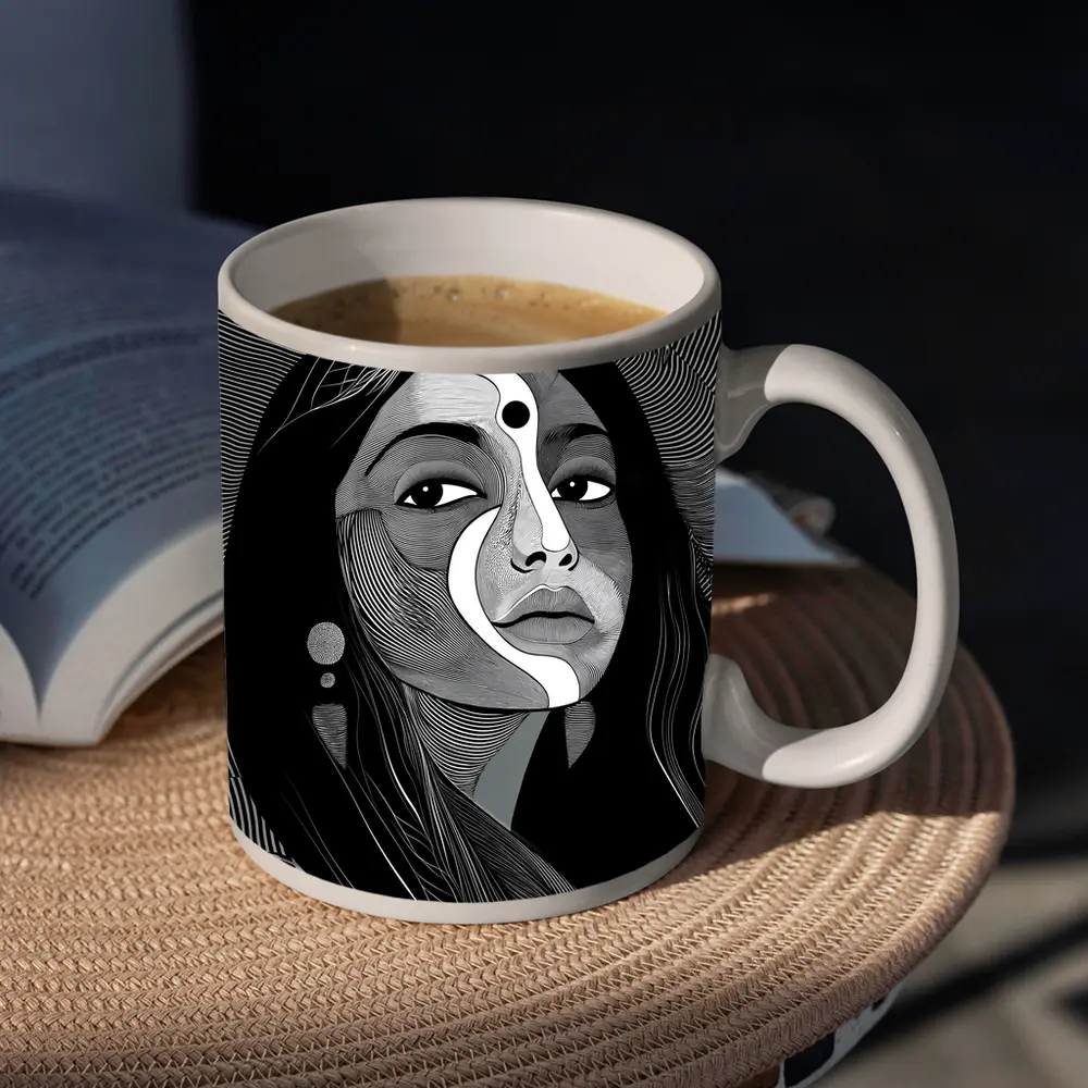 Black White Line Art Woman Portrait – Mugs