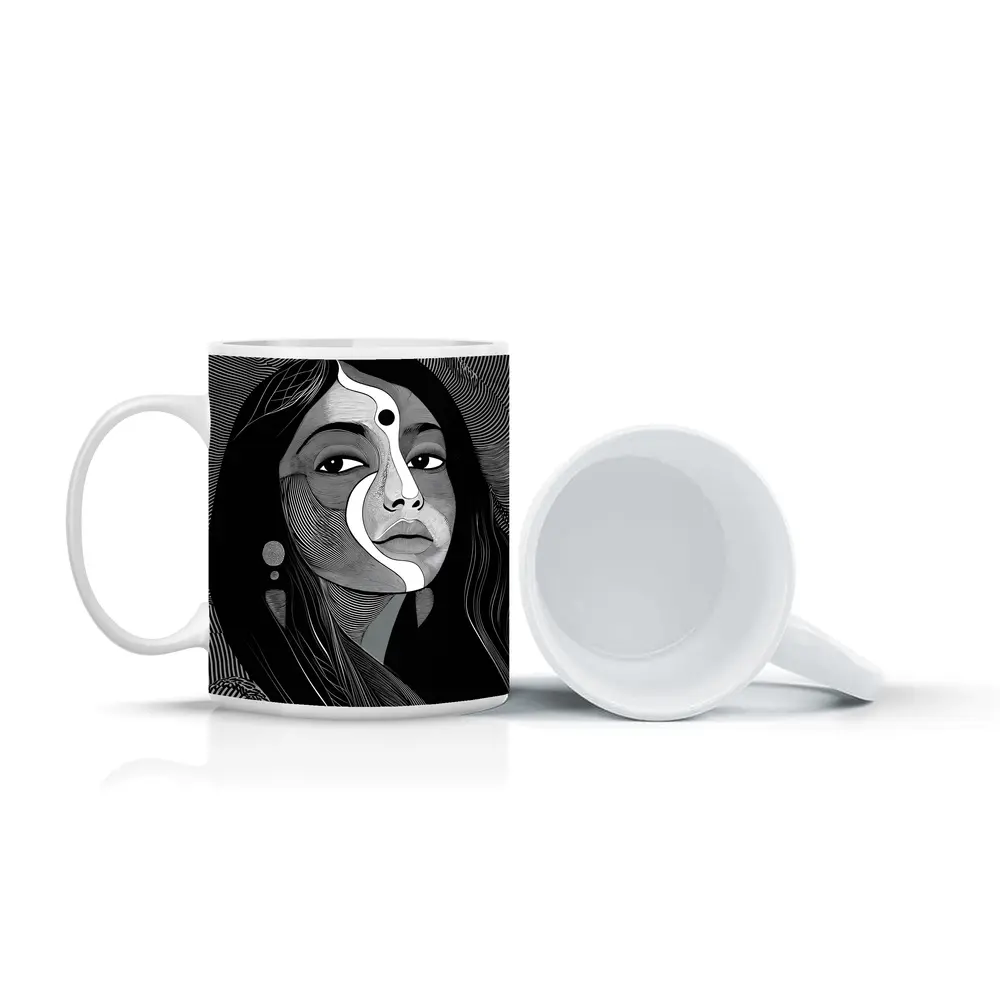Black White Line Art Woman Portrait – Mugs