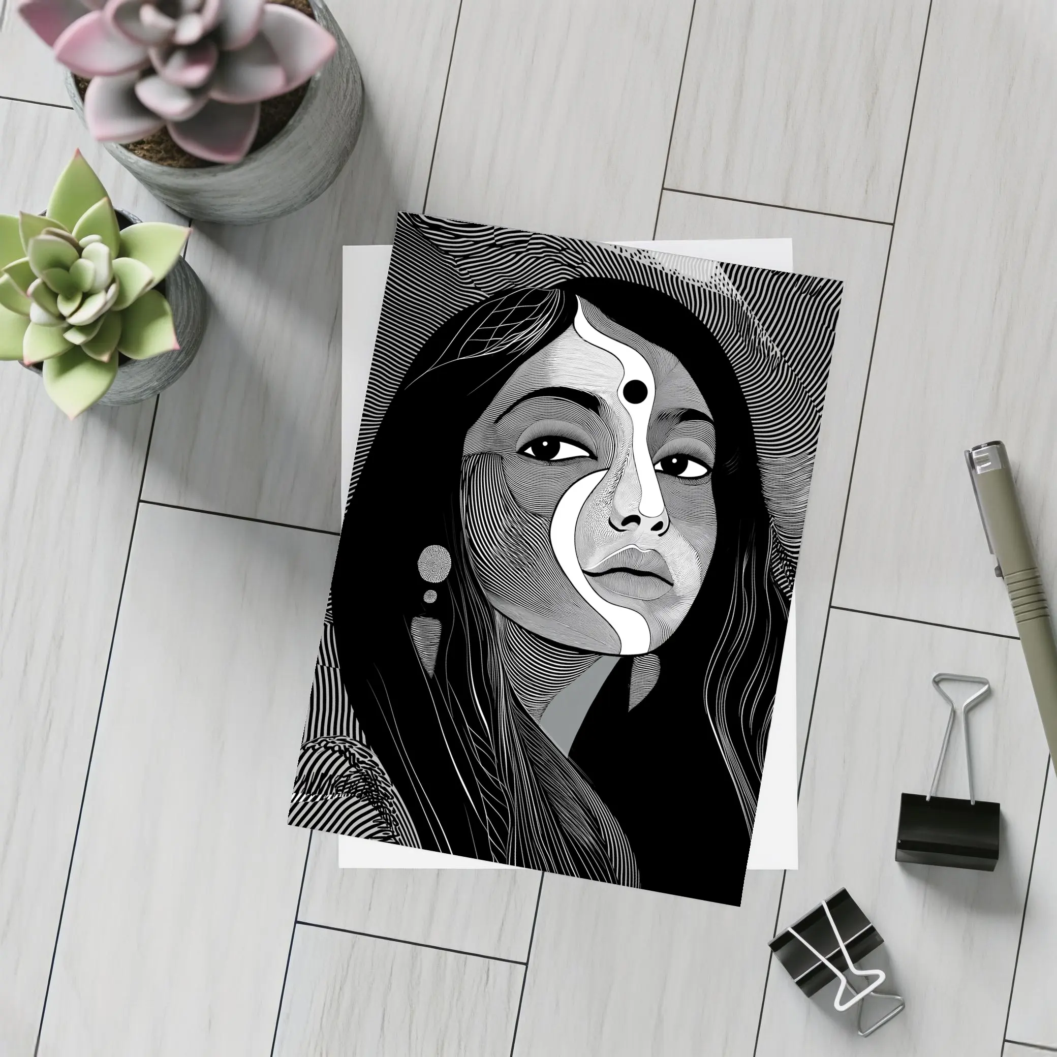 Black White Line Art Woman Portrait – Postcards