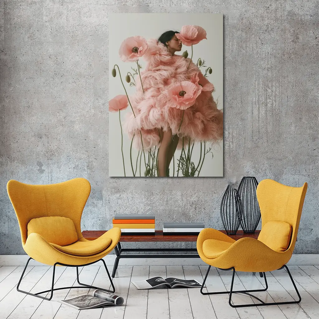 Woman Pink Poppy Flowers Fashion Editorial Art – Wall Art