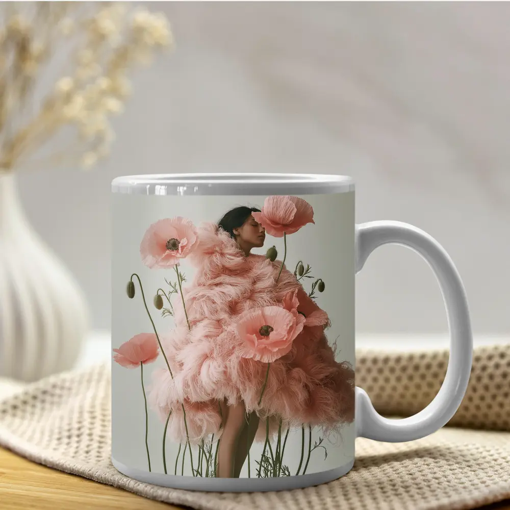 Woman Pink Poppy Flowers Fashion Editorial Art – Mugs