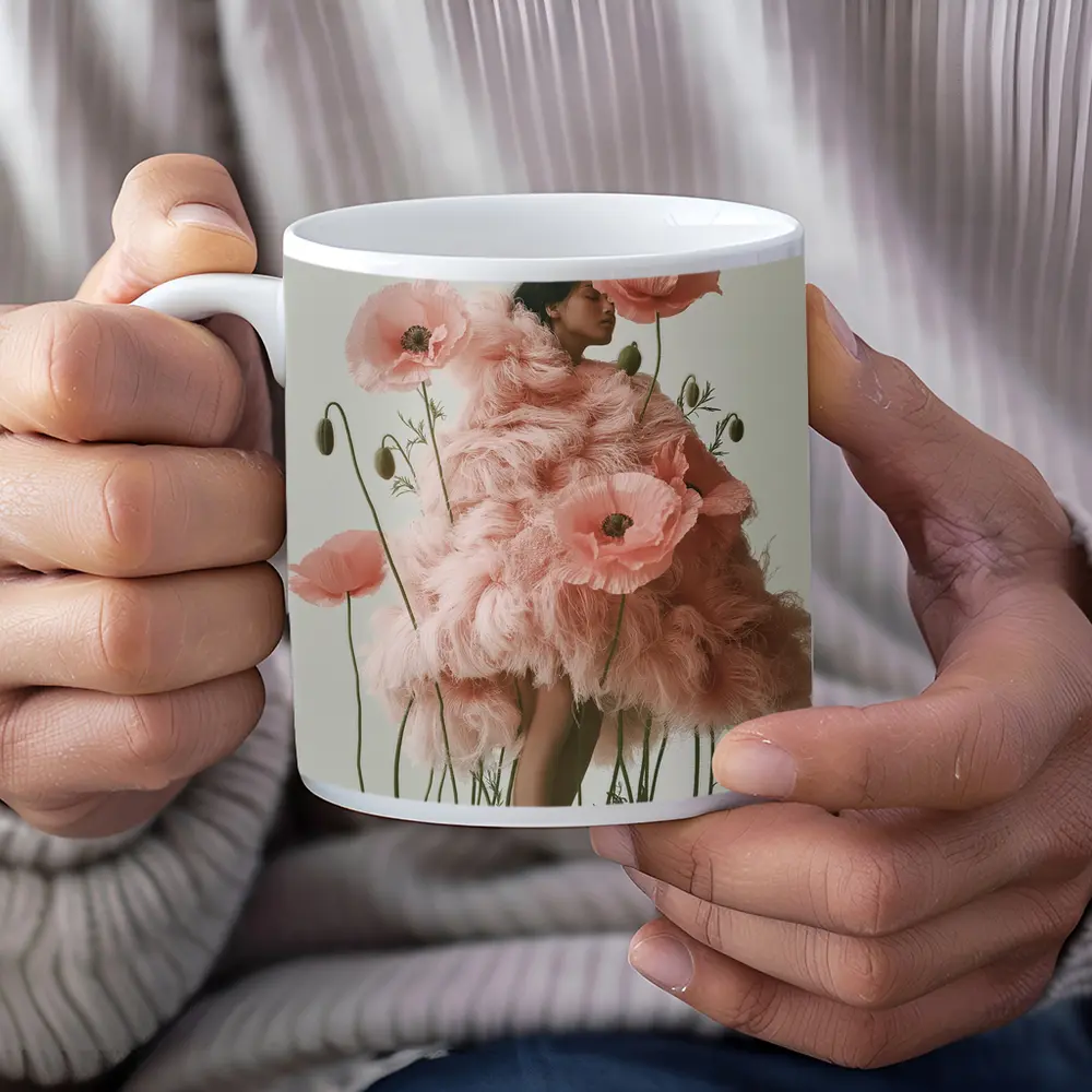 Woman Pink Poppy Flowers Fashion Editorial Art – Mugs