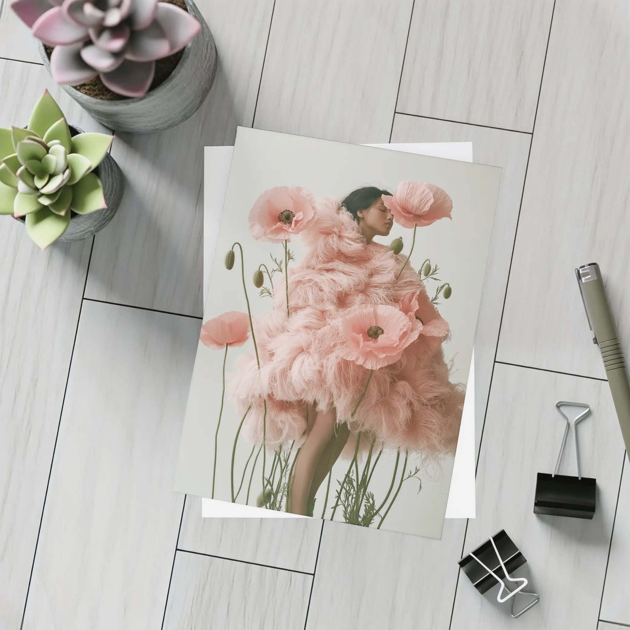 Woman Pink Poppy Flowers Fashion Editorial Art – Postcards